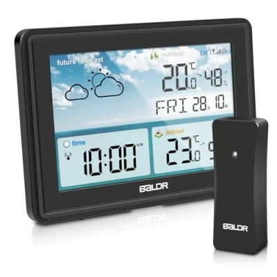 Abbildung von PlayDen Wetterstation Funk mit Außensensor, Thermometer Innen Außen, Hygrometer Wettervorhersage, Farbdisplay, DCF Funkuhr Wecker, Temperaturwarnung, zum Stellen/Hängen