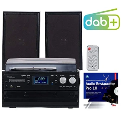 Abbildung von auvisio Stereoanlage: 5in1 Plattenspieler mit DAB+/FM Radio, Bluetooth, CD/Kassetten Player (Musikanlage Plattenspieler, Anlage, digitalisieren)