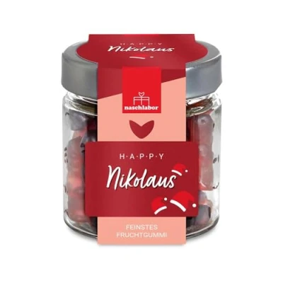 Abbildung von Happy Nikolaus Rundglas 120g Nikolausgeschenk Gummibärchen als Schokoladen Ersatz Süßes Geschenk für Weihnachten Leckere Fruchtgummis
