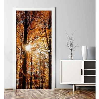 Abbildung von MyMaxxi Tür bekleben mit Türtapete Selbstklebend 90x200 Herbstwald verschönern Türfolie Türaufkleber XXL Aufkleber Folie Türposter Türklebefolie Blätter Erntezeit orange