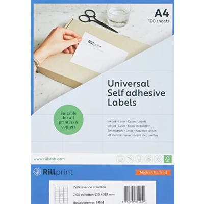 Abbildung von Rillprint Vielzweck Etiketten Selbstklebend 2100 Stück 63.5 x 38.1 mm 21 Klebeetiketten pro A4 Blatt Bedruckbar &amp; Abziehbar Universal Adressaufkleber 100 Blatt, Weiß