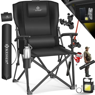 Abbildung von KESSER® Campingstuhl faltbar bis 160 kg Angelstuhl Faltstuhl Klappstuhl Gepolstert mit Armlehnen Campinglicht und Getränkehalter + Tasche hoher Rückenlehne Strandstuhl Angelhalterung