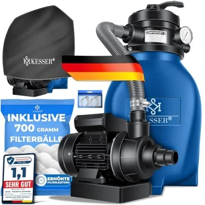 Abbildung von KESSER® Sandfilter Sandfilteranlage + 700g Filterbälle ersetzen 25kg Filtersand Poolfilter 10 m3/h Filteranlage Filterkessel für Pool Schwimmbecken 4 Wege Ventil, einfache Steuerung, Inkl. Cover, Blau