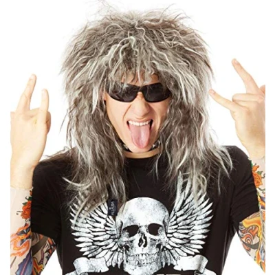 Abbildung von ALLAURA 70er 80er Jahre Rocker Perücken Herren + Tattoos Kostüm Set Glam Haarband Rockstar Vokuhila Perücke Tattoo Ärmel Heavy Metal Metall Haar für Männer —