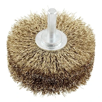 Abbildung von kwb Holzstruktur Bürste, Messing Beschichtet, fein, gewellt, HSS Stahldraht, Ø 80 mm für Metall und Holz, Drahtbürste Bohr Maschine inkl. E6.3 Sechskant Schaft