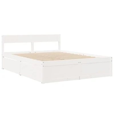 Abbildung von vidaXL Massivholzbett, Holzbett Bett mit Schubladen Kopfteil, Bettgestell Bettrahmen Lattenrost, Doppelbett für Schlafzimmer, Weiß 140x200cm Kiefer