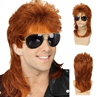 Abbildung von Herren Vokuhila Perücken Orange Lockig 70er 80er Jahre Cosplay Kostüm Perücke Retro Punk Rocker Disco Synthetische Vollperücken