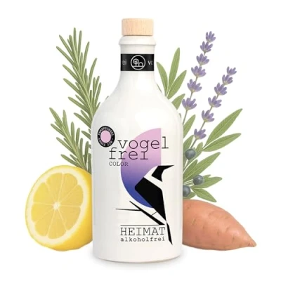 Abbildung von VOGELFREI COLOR alkoholfreie Alternative 0,0% mit Farbeffekt Sommerliche Zitrusnote, wilde Berren aus der HEIMAT Dry Gin Destille Wacholder destilliert für Cocktails (500ml)
