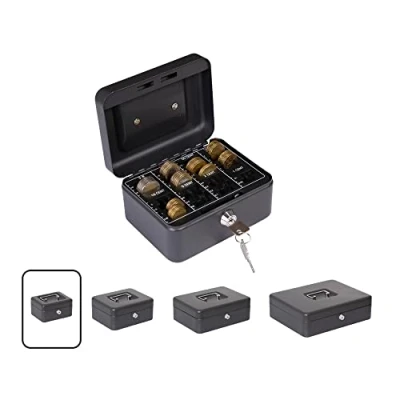 Abbildung von ARREGUI Elegant Cash C9614 EUR Geldkassette mit Münzzählbrett Geldbox aus Stahl Euro Zählbrett für Münzen 15 cm breit herausnehmbarer Zähleinsatz Kasse schwarz