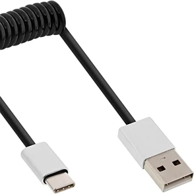 Abbildung von InLine 35872 USB 2.0 Spiralkabel, Typ C Stecker an A Stecker, schwarz/Alu, flexibel, 2m