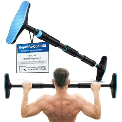 Abbildung von NEOLYMP Klimmzugstange Türrahmen ohne Schrauben mit Pull up Bar E Book verstellbar 70 100 cm Gewindesperre für sicheren Halt bis zu 200kg (Blau)