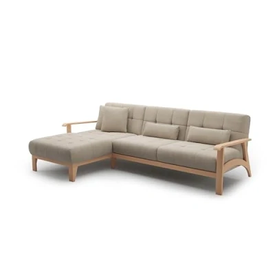 Abbildung von Cavadore Ecksofa Billan / Schlafsofa im skandinavischen Design mit Longchair, Bett und massivem Holzgestell in Buche 264 x 88 183 Flachgewebe, Beige