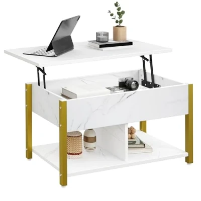 Abbildung von YITAHOME Couchtisch mit Anhebbarer Platte, Leicht Anzuheben, 2 Stufiger Stauraum, Höhenverstellbarer Verstecktem Staufach und Ablagefläche für Wohnzimmer, Büro, Weißer Marmor