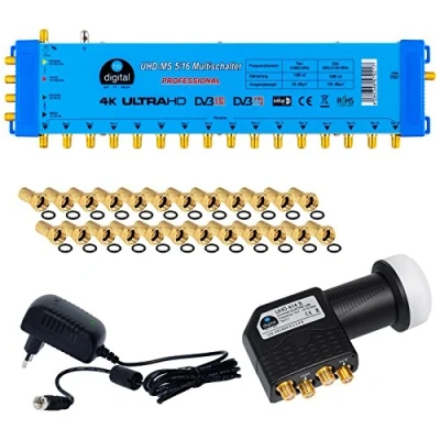 Abbildung von HB DIGITAL Set: Quattro LNB Schwarz + Multischalter pmse 5/16 1x SAT bis 16 x Teilnehmer/Receiver für Full HDTV 3D 4K UHD mit Netzteil 30 Vergoldete F Stecker Gratis dazu