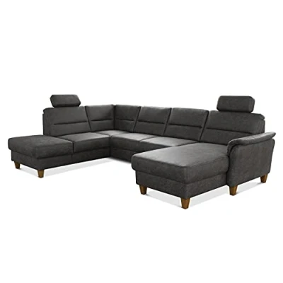 Abbildung von CAVADORE U Form Sofa Palera / Federkern Wohnlandschaft mit 2 Kopfstützen 314 x 89 212 Mikrofaser in Lederoptik, Dunkelgrau