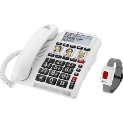 Abbildung von Geemarc CL610 Schnurgebundenes Notruftelefon und wasserdichtes SOS Armband mit verstärkter Lautstärke anpassbaren Fototasten Ideal für allein lebende Senioren Hörgeschädigte