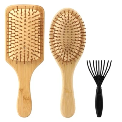 Abbildung von 2 Stück Bambus Haarbürste mit Reinigungsbürste, Natur aus Bambus, Bamboo Brush optimale Haarpflege für Männer, Frauen und Kinder