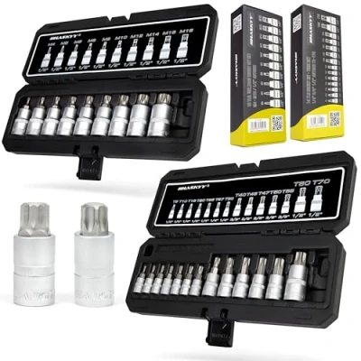 Abbildung von HASKYY Torx XZN Vielzahn Steckschlüssel Satz 24 tlg T8 T70 &amp; M4 M18 Stecknüsse 1/4&quot; 3/8&quot; 1/2&quot; Antrieb Professionelles Stecknuss Werkzeug Set