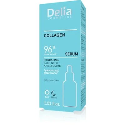Abbildung von Delia Cosmetics Serum Kollagen Feuchtigkeitsspendende, Anti Falten, Behandlung mit Hyaluronsäure für trockene Haut 96% natürliche Inhaltsstoffe Gesicht und Dekolleté Tag Nacht 30ml