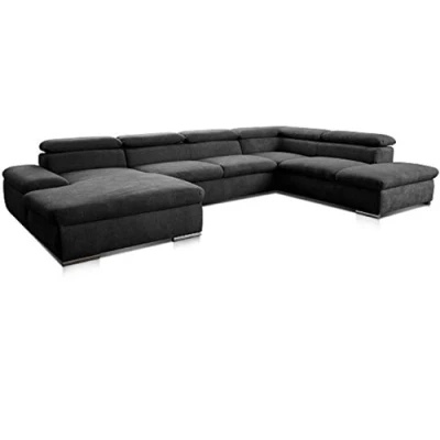 Abbildung von Cavadore Wohnlandschaft Alkatraz im modernen Design / U Form mit Longchair links und Ottomane rechts Inkl. Bettfunktion + Kopfteilverstellung 350 x 73 226 Schwarz