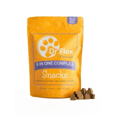 Abbildung von Dr. Flex 8in1 Komplex Snacks &amp; Leckerli Für Hunde 60 Multivitamin Soft Chews Besonders leckere Rezeptur mit Probiotika, Vitaminen, Lachsöl, MSM Chondroitin Gesundheit, Verdauung Gelenke