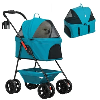 Abbildung von PawHut Hundewagen 3 in 1 Hundebuggy Faltbar Hundebox, klappbar Transporttasche mit Getränkehalter, Hunde Buggy, Katzenwagen 360 Räder Katzenbuggy für Mini unter 4 kg, Türkis
