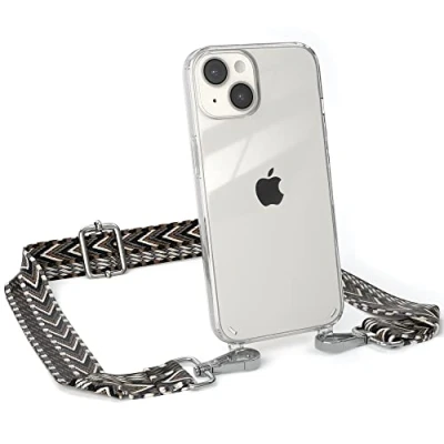 Abbildung von EAZY CASE Handykette Verstellbarer Gurt kompatibel mit iPhone 14, Schulterriemen, Flache Kordel, Handykordel Hülle, Hülle Kette, Anthrazit/Schwarz Metall Silber