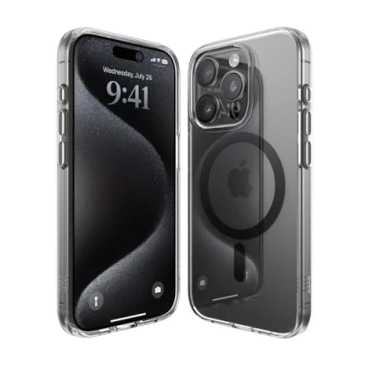 Abbildung von elago Magnetische Hybrid Transparent Hülle Kompatibel mit iPhone 15 Pro Hülle, MagSafe, PC+TPU Technologie, US Military Grade Fallschutz, Reduzierte Vergilbung (Schwarz)