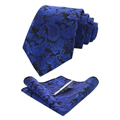 Abbildung von JEMYGINS Blau krawatte Paisley Seide Herren Krawatten und Einstecktuch mit krawattenklammer Sets (9)