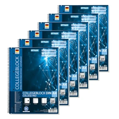 Abbildung von Stylex 43888 P6 Collegeblock liniert, 6 Stück in DIN A4, je 80 Blatt mit 60 g/m² Spiralbindung