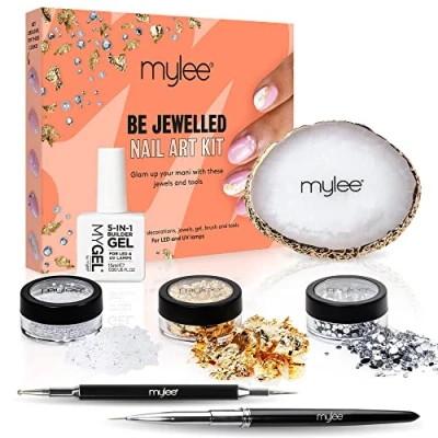 Abbildung von Mylee Be Jewelled Nagelkunst Set Dünner Liner Pinsel, Punktierungswerkzeug, Palette zum Mischen von Gelfarben, durchsichtiges 5 in 1 Builder Gel, Blattgold, verschiedene Edelsteine und Perlen