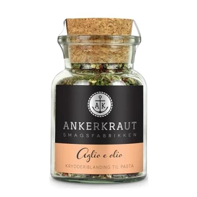 Abbildung von Ankerkraut Aglio e olio, italiensk krydderiblanding til pasta og klassiske spaghetti nudler, med hvidløg tomatchips, 50g i glas korklåg
