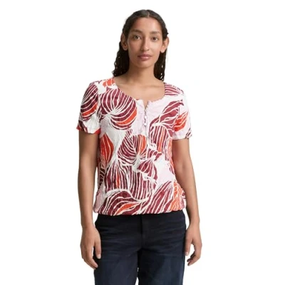 Abbildung von TOM Tailor Crinkle MIT Muster Tshirt print, Damen, Größe: Large, Red cut leaves design