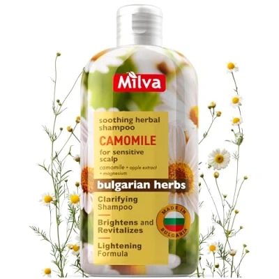 Abbildung von Milva Kamille Shampoo I beruhigendes mit natürlicher Haaraufhellung für Damen, Haarpflege glänzendes &amp; blondes Haar, Frauen Haarshampoo empfindliche trockene Kopfhaut 200 ml