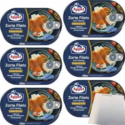 Abbildung von Appel Zarte Filets vom Hering Tomate &amp; Curry 6er Pack (6x200g Dose) + usy Block