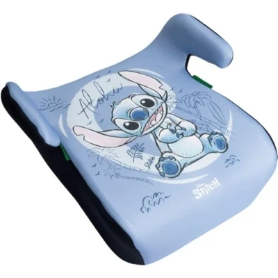 Abbildung von Disney Stitch Kindersitzerhöhung i Size ECE R129/03 Kindersicherheit für Kinder von 126 bis 150 cm Sitzerhöhung mit Grafik auf hellblauem Grund