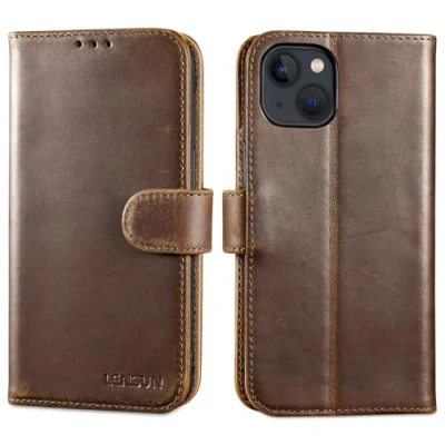 Abbildung von LENSUN Lederhülle für iPhone 13, Echtleder Hülle Premium Echtes Leder Handyhülle [Kartenfach][RFID Schutz] Flip Handytasche Klapphülle 13 5G Vintage Dunkelbraun