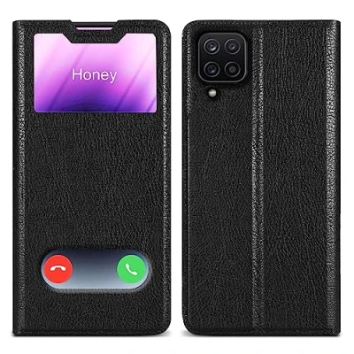 Abbildung von Cadorabo Hülle kompatibel mit Samsung Galaxy A12 / M12 in KOMETEN SCHWARZ Schutzhülle Magnetverschluss, Standfunktion und 2 Sichtfenstern