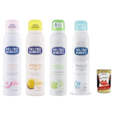Abbildung von 6x Neutro Roberts deo Fresco Rosa Spray Deodorant mit Monoi und Freesien ohne Aluminiumsalze, null Flecken 150 ml + Italian Gourmet Polpa 400g