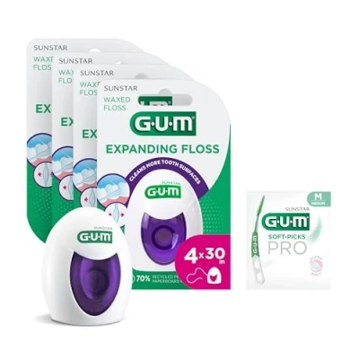 Abbildung von GUM EXPANDING FLOSS Zahnseide/Flauscht während der Verwendung auf/Auch für enge Zahnzwischenräume geeignet/Leicht gewachst/Sanft zum Zahnfleisch / 4x30m (+1 Gratisprobe)