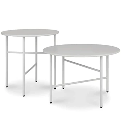 Abbildung von bomoe 2er Set Runder Beistelltisch Metall Hellgrau Kratzfest unterschl. Höhe &amp; Durchmesser Stabile Wohnzimmer Couchtische Leicht In Outdoor Gartentisch Balkon Tisch Terrasse Finn