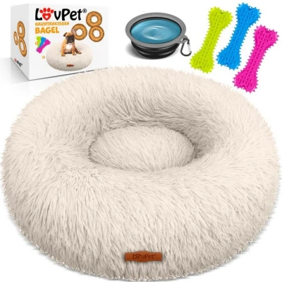 Abbildung von Lovpet® Hundebett Hundekissen Katzenbett Bagel, Waschbar, Inkl. Napf + 3X Kauknochen, Hundesofa flauschig Kissen Rund aus Plüsch für Kleine, Mittelgroße &amp; Große Hunde, Katzen [XXL, Ø 80cm Beige]