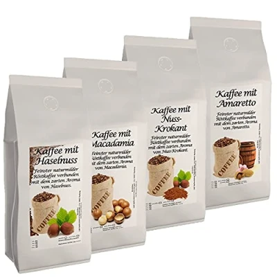 Abbildung von 4 x 500g leckere, nussige Aromakaffee Sorten Kaffee mit Haselnuss, Macadamia, Nuss Krokant, Amaretto (Ganze Bohnen)