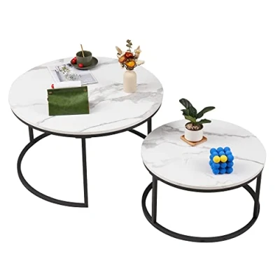 Abbildung von Soayone Couchtisch Rund 2er Set, Weiß Marmor mit Schwarz Metallgestell, Beistelltisch Rund, Wohnzimmertisch Modern, Satztische fürs Wohnzimmer Schlafzimmer Balkon