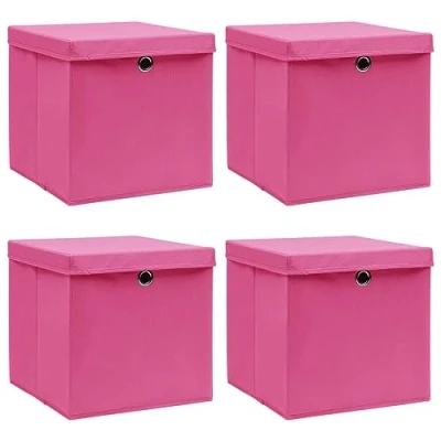 Abbildung von vidaXL 4X Aufbewahrungsbox mit Deckel Zusammenklappbar Spielkiste Regalkorb Faltkiste Korb Kinderbox Box Kiste Rosa 32x32x32cm Stoff