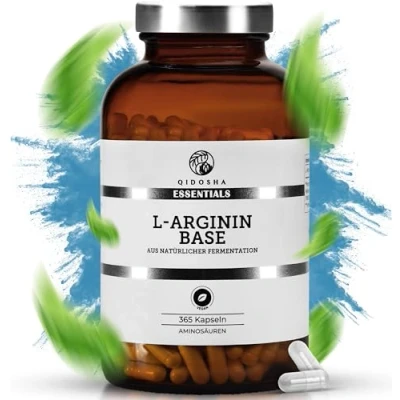 Abbildung von QIDOSHA® Premium L Arginin Base (nicht einfaches HCl), 365 Stk/Glas, 500mg je Kapsel, rein pflanzliche Aminosäure aus Topinambur und Zuckerrohr gewonnen, jede Charge laborgeprüft