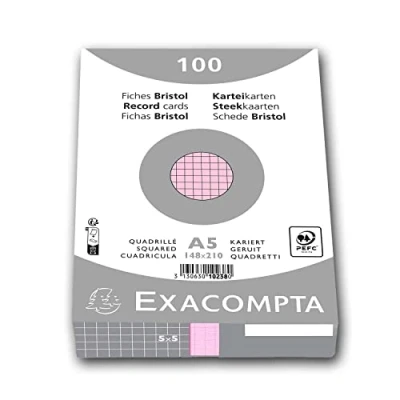 Abbildung von Exacompta 10238E Karteikarten (Packung mit 100, 250g, in Folie eingeschweißt, DIN A5, 14,8 x 21 cm, kariert, ideal für die Schule) 1er Pack rosa