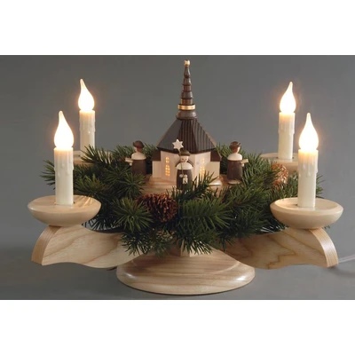 Abbildung von Albin Preissler Fensterleuchter, 4 flammig, Weihnachtsdeko, Adventsleuchter, Seiffener Kirche mit Kurrende