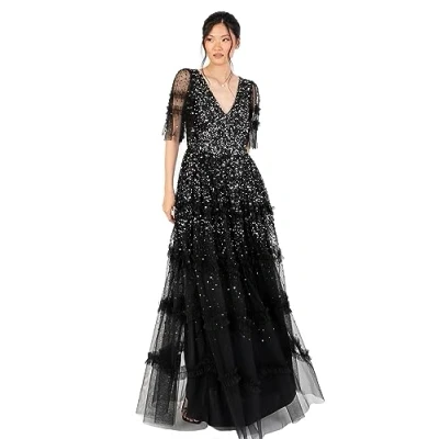 Abbildung von Maya Deluxe Women&#039;s Maxi Dress Ladies V Neck Sequin Embellished Ruffle Detail for Wedding Guest Bridesmaid Prom Occasion Ball Gown Kleid, Black, 36