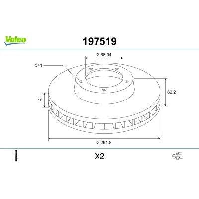 Abbildung von VALEO 197519 Bremsscheibe Hinterachse 292 16 5 Belüftet NISSAN: Qashqai / Qashqai+2 I, Juke, X Trail, RENAULT: Koleos I